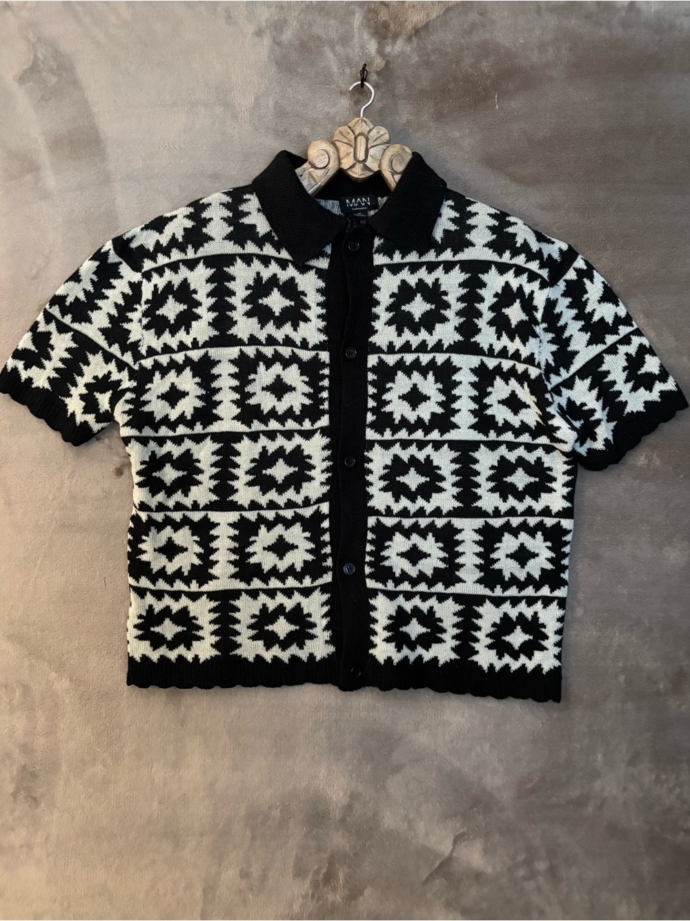 Boohooman Sweater Men’s M Black & White Geometric Knit Polo Cardigan